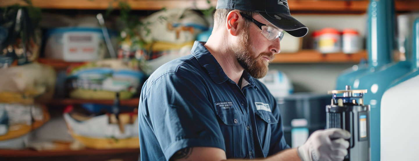 A man with protective glasses working on a machine